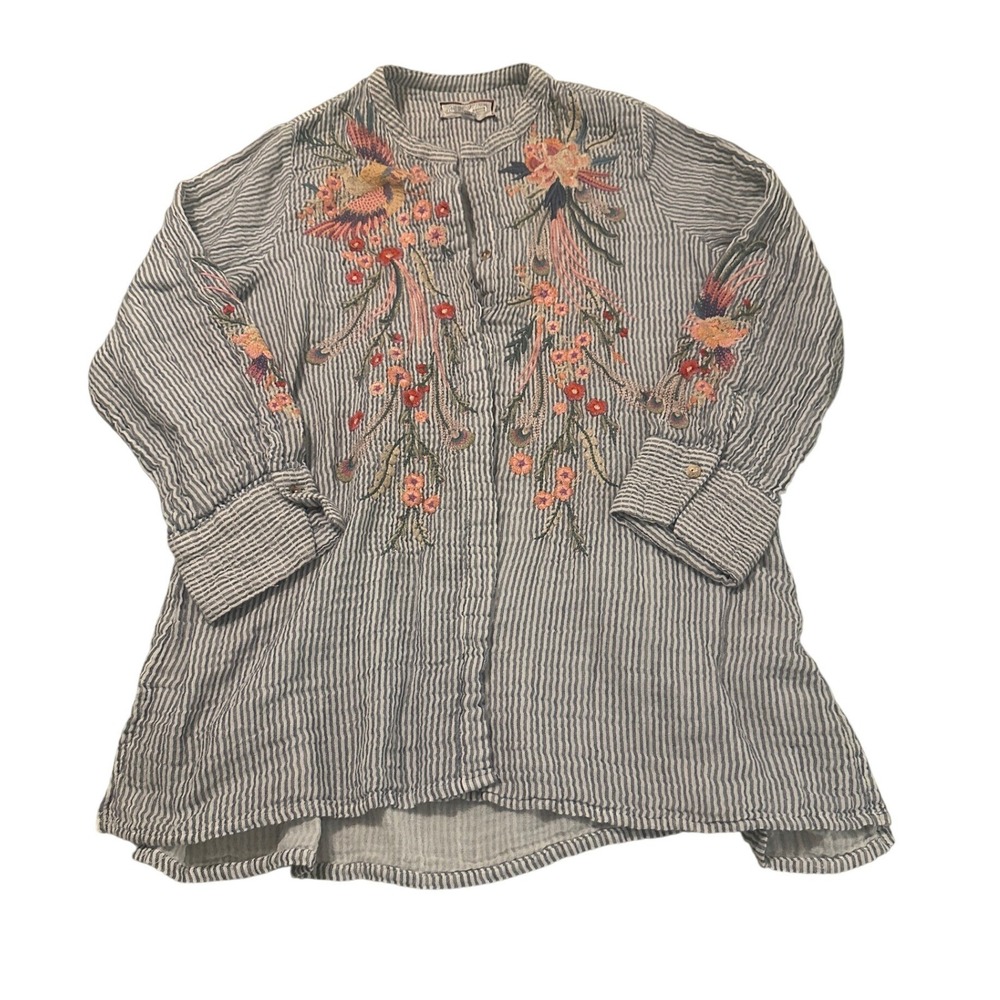 Johnny Was Workshop Karen Voyager Embroidered Peacock Floral Cotton Tunic Small